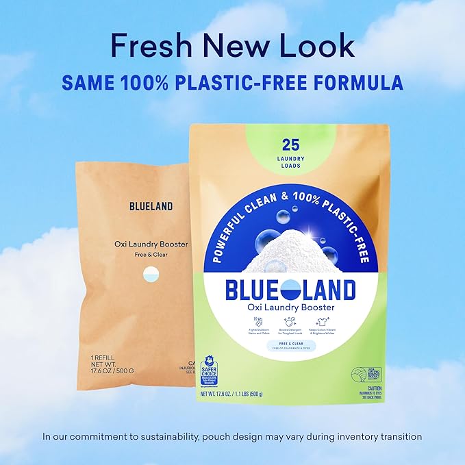 BLUELAND Oxi Laundry Booster Powder with Tin Starter Set Fragrance Free &amp Clear 25 Loads 17.6 oz Plastic-Free Eco Friendly Oxy Cleaner Stain Remover