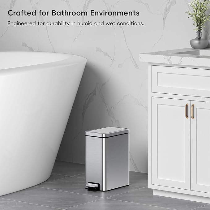 EKO Small Bathroom Trash Can with Lid Soft Close Step Pedal 6 Liter / 1.6 Gallon Stainless Steel Garbage Can with Removable Inner Bucket Anti-Fingerprint Finish (Silver)
