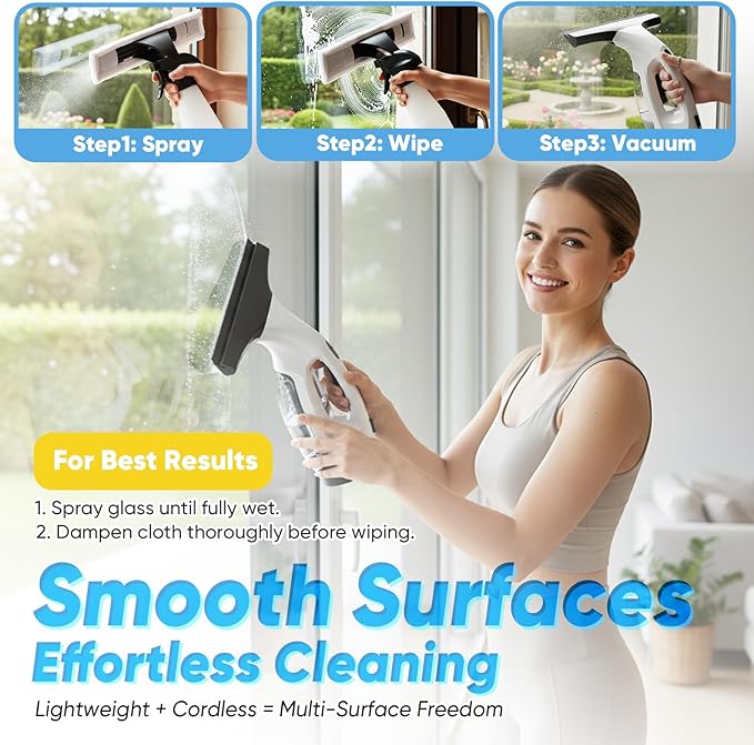 Cordless Window Vacuum Squeegee with Detachable Water Tank 2000Pa Strong Suction Rechargeable Glass Cleaner for Windows Shower Mirror &amp Tiles Lightweight 2-in-1 Wiper with Microfiber Pad