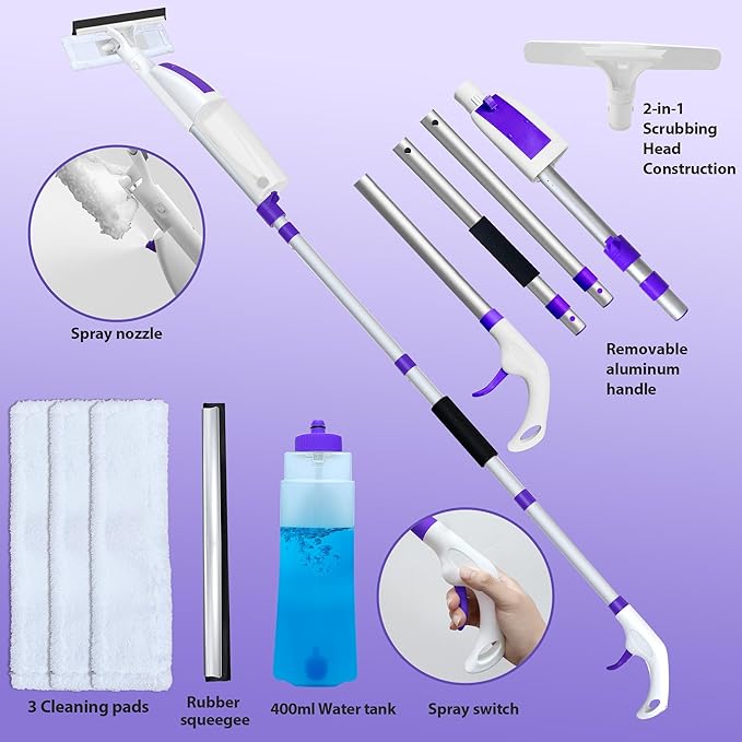 Spray Window Squeegee with 60 Extension Pole Window Cleaning Squeegee Kit- 2-In-1 Squeegee Scrubber 3 Microfiber Cleaning Pad&amp400ML Refill Bottle Multi-Use Squeegee for Home Shower Car Windshi