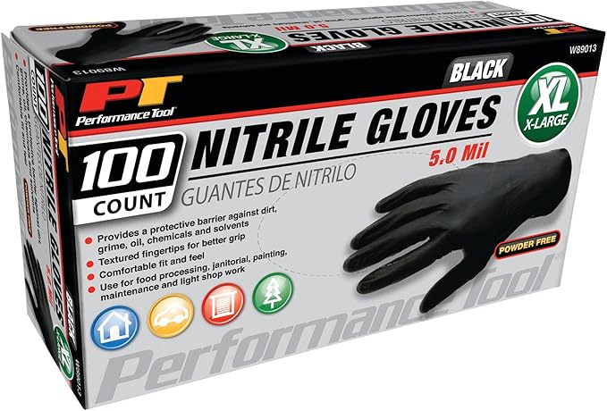 Performance Tool W89013 Black Nitrile Gloves | Disposable Powder Free latex rubber free Textured Fingertips for Better Grip  X-Large | 100pc