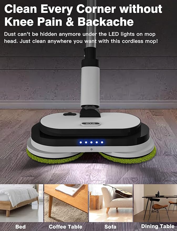 Cordless Electric Mop Floor Cleaner with LED Headlight &amp Water Sprayer Up to 60 Mins Detachable Battery Dual-Motor Powerful Spin Mop 300ML Water Tank for Multi-Surface Self-Propelled