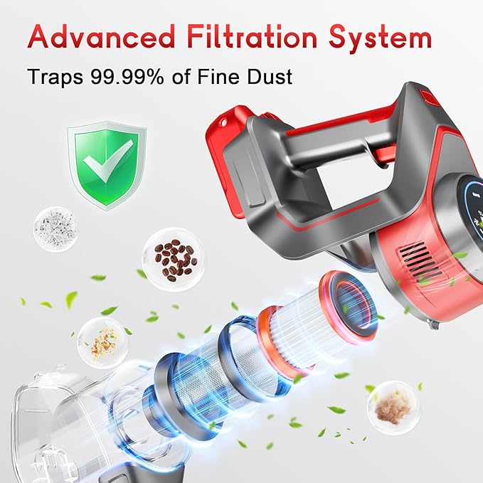 Cordless Stick Vacuum Cleaner - Rechargeable 35Kpa Powerful Vacuums with Detachable Battery LED Display 45Mins Runtime 8 in 1 Handheld Vacuum for Hardfloor &amp Carpets Pet Hair Red