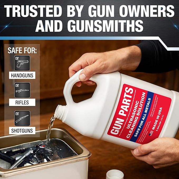 Ultrasonic Gun Cleaning Solution - 1 Gallon/128oz [Made in USA] Concentrated Formula Mixes into 6 Gallons - Firearm Cleaning Fluid for Brass &amp Gun Parts - for Ultrasonic Cleaner Use