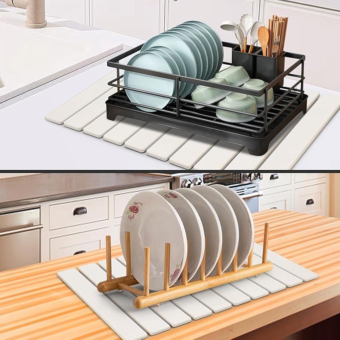 Large Stone Dish Drying Mats for Kitchen Counter 24(L)×16(W) Fast Drying Collapsible Dish Drying Mat Eco-Friendly Absorbent Diatomaceous Earth Mats for Dishes Bottles Cups Match Any Countertop