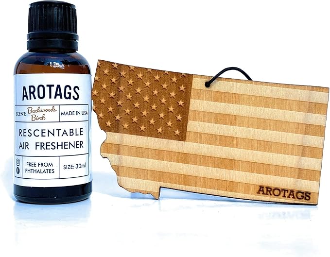Arotags Car Air Freshener - Reusable Wood Diffuser - Hanging Odor Eliminator - Montana Patriot - Balsam &amp Cedar Scent