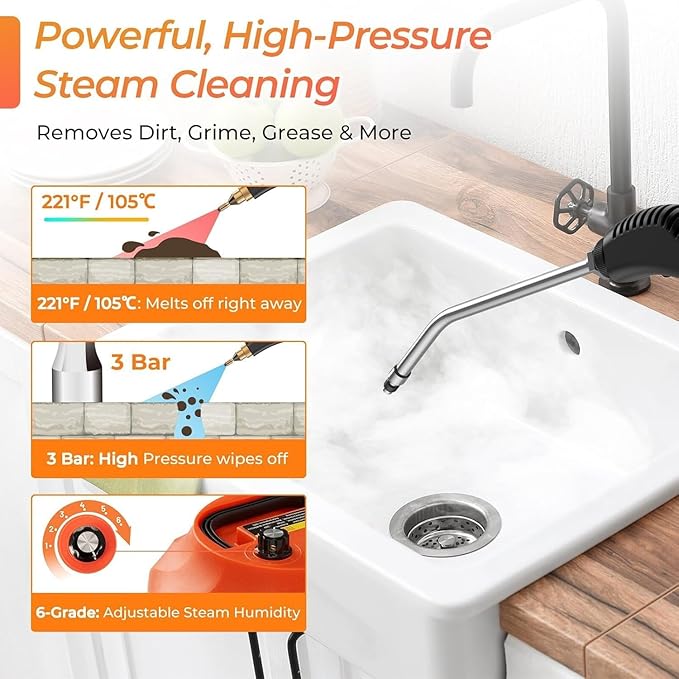 Handheld Steam Cleaner 1500W Portable Steamer with 3 Brushes &amp 6 Adjustable Gears for Deep Cleaning