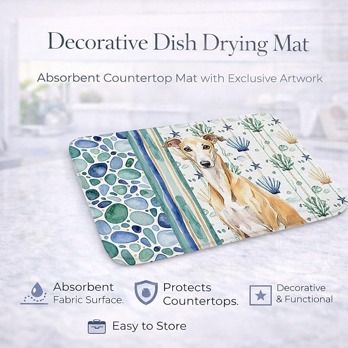 Caroline's Treasures Fawn Whippet Coastal Sea Glass Dish Drying Mat Absorbent Dish Drying Mat Pad for Kitchen Counter Dish Drainer Mat for Countertop 14 x 21 Multicolor