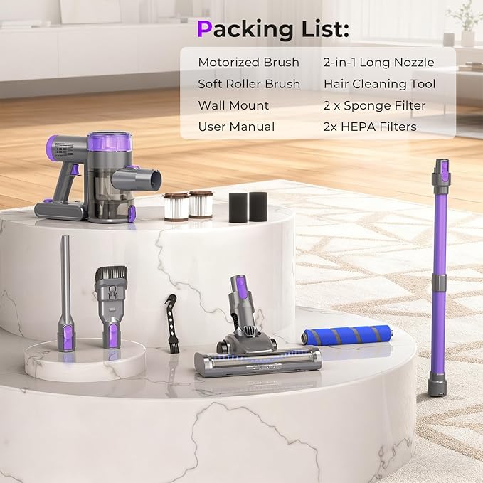 Cordless Vacuum Cleaner 30Kpa Vacuum Cleaners for Home Stick Vacuum with LED Display 2 Roller Brushes for Anti-Tangle &amp Hard Floor 6 in 1 Lightweight Vacuum for Hard Floors Carpet Pet Hair