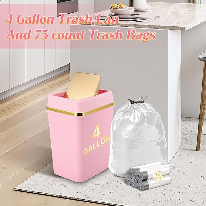 Bathroom Trash Can with Lid 4 Gallon Small Trash Can with Swing Lid White/Pink/Green Bathroom Garbage Can with 225 Counts Trash Bags for Kitchen Bedroom Office
