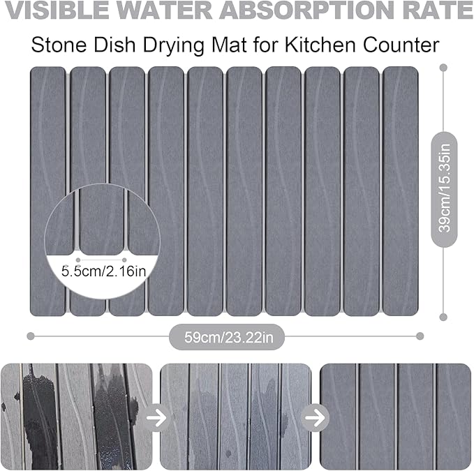 Stone Drying Mat for Kitchen Counter 24x16 Large Diatomaceous Earth Stone Dish Drying Mat Fast Absorbing Foldable Quick Dry Stone Sink Mat for Dishes Pans &amp Kitchen Utensils (Gray)