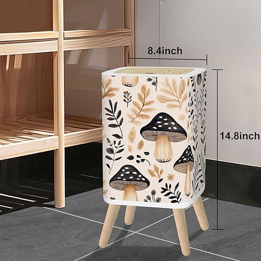 Small Trash Can with Lid Mushroom Seamless Boho Black Brown Mushroom Forest Vintage Mushrooms 2.6 Gallon/10L Garbage Can Waste Bin with Pop-Up Lid Wood Legs Wastebasket for Bathroom Kitchen Bedroom