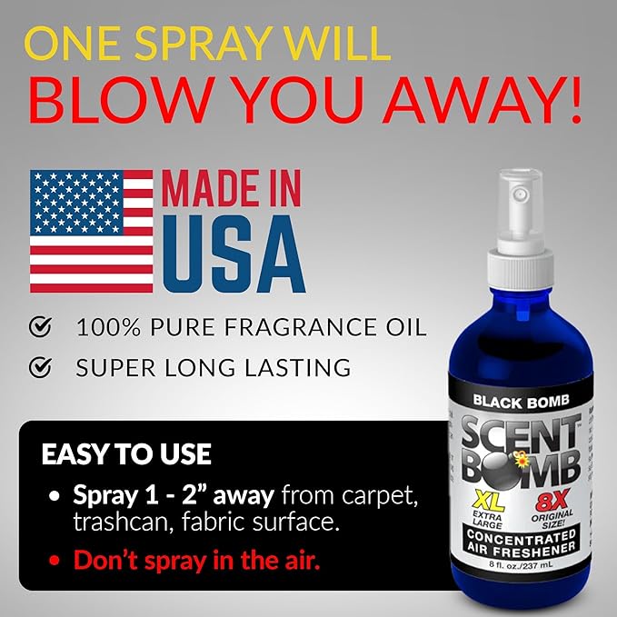 Scent Bomb Air Freshener Bundle - 1 oz &amp 8 oz Bottle Sprays Vent Clip Organic Cans Hanging Circle - Continuous Freshness &amp Long-Lasting Odor Eliminator for Car Home Bathroom - Black Bomb