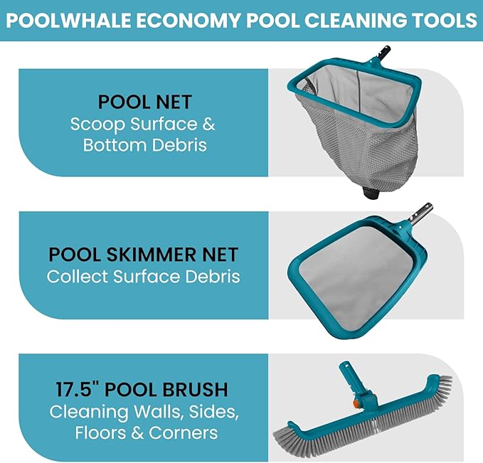 Economy Swimming Pool Cleaning Kit - Fine Mesh Deep Pool Rake &amp Leaf Skimmer Net Rotatable Pool Brush Head for Cleaning Above Ground &amp Inground Pools (No Pole)