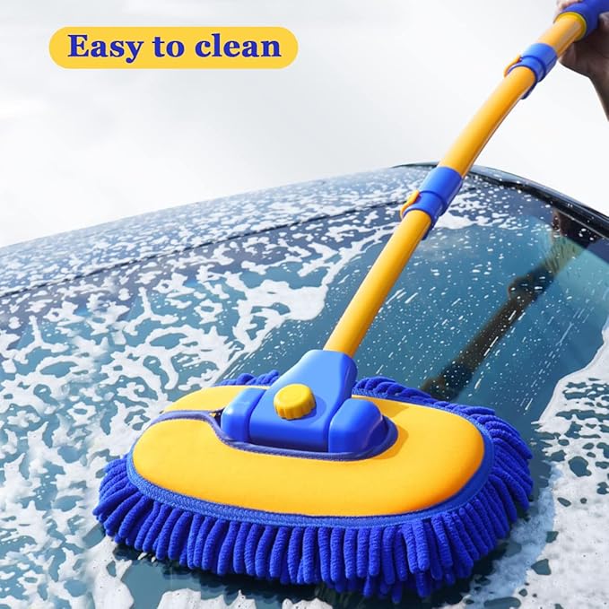 Car Wash Brush with Long Handle Microfiber Towels Car Wash Kit Cleaning Supplies Car Wash Mop Mitt with 2 Replacement Head  Extension Pole Car Brush Cleaning Kit for Cars Trucks(Blue)