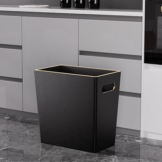 Black 3 Gallon Waste Basket 4 Gallon Trash Can Office Wastebasket with Gold-Tone Edging Decoration for BathroomPu Leather Waste Bins for Toilet Bedroom Living Room Office Home Modern Decor