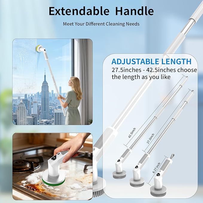 Electric Spin Scrubber Cordless 20W High-Torque Cleaning Brush Scrubber IPX7 Waterproof Electric Scrubber with Dual Speed for Kitchen Bathroom (S8)