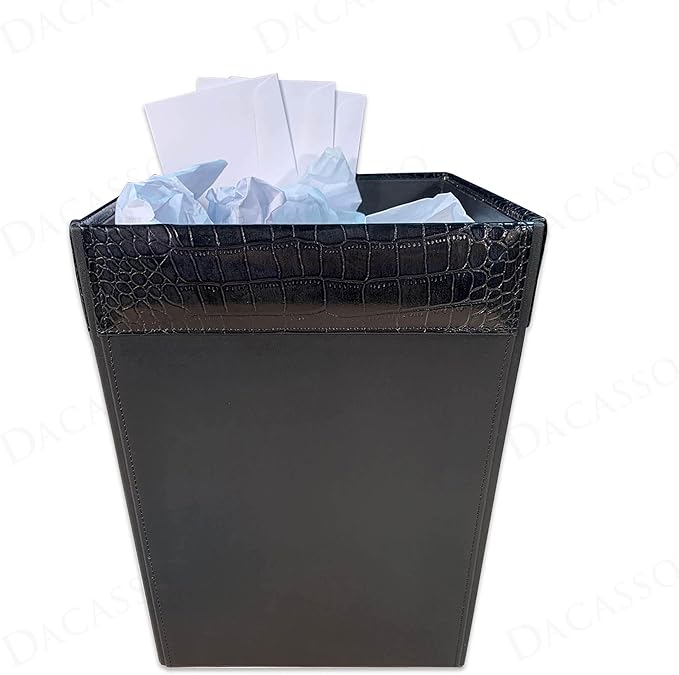 Dacasso 14 Quart Black Crocodile Embossed Leather Square Waste Basket/Trash Can - Luxury Executive Decor and Sophisticated Office Essential