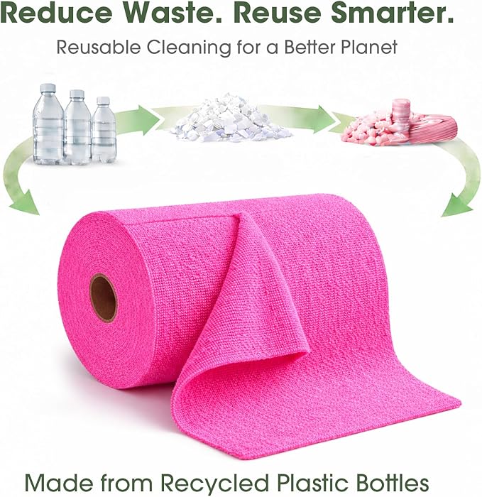 Microfiber Cleaning Cloth Roll - 100 Pack Tear Away Microfiber Paper Towels Reusable Washable Scratch-Free Kitchen Towels for Car Home Kitchen Glass Dishes (Hot Pink)