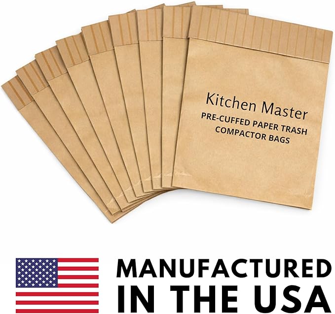 Kitchen Master Super Strong Compactor Bags (12 Pack) | Precuffed Garbage Compactor Bags Kitchen Liner Paper Trash Bin Press Kitchen Essential Paper Garbage Press Liner