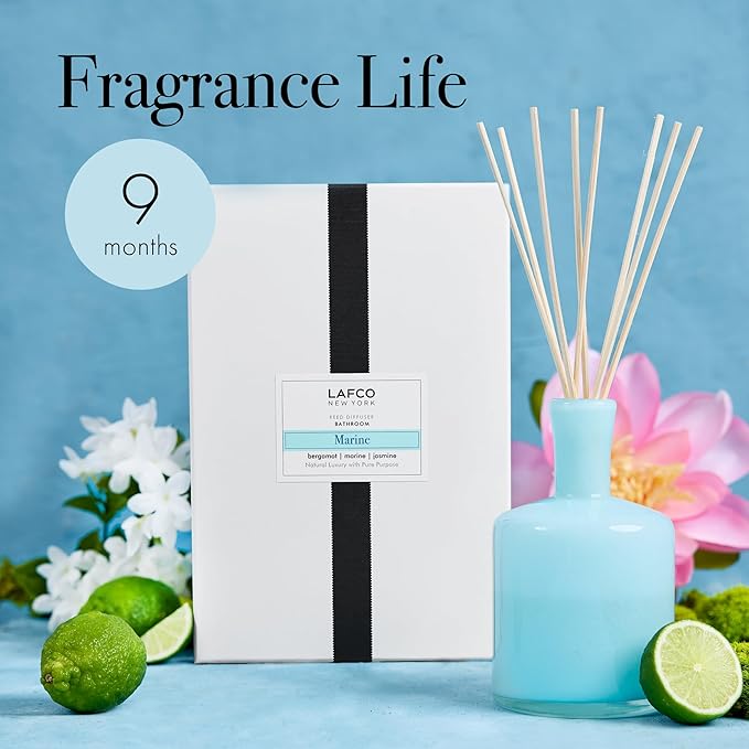 LAFCO New York Signature Reed Diffuser Marine - 15 oz - Up to 9 Months Fragrance Life - Reusable Hand Blown Glass Vessel - Natural Wood Reeds - Made in The USA