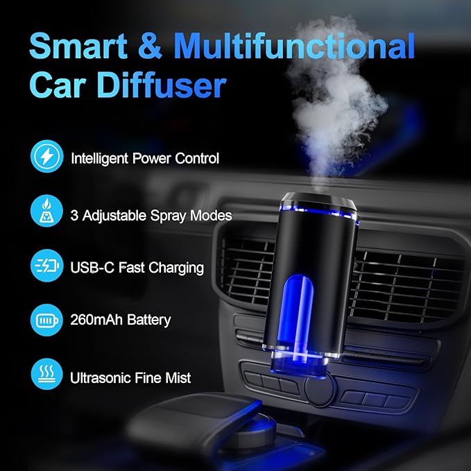 Smart Car Air Freshener Diffuser – Auto On/Off Aromatherapy Diffuser with 3 Scent Modes USB Rechargeable Vent Clip 6 Essential Oil Refills Included – Long-Lasting Fragrance Car Decor &amp Gift