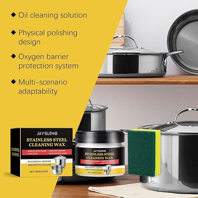 Stainless Steel Cleaner Paste - Removes Grease Water Stains &amp Rust Polishes Kitchen &amp Bathroom Surfaces(2PCS)