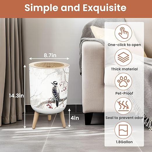 Bathroom Trash Can with Lid Abstract Woodpecker Snowy Snow Covered Branch Red Berries Winter Trees Garbage Bin Waste Basket for Kitchen Office Bedroom Decoration Diaper Pail 1.8 Gallon