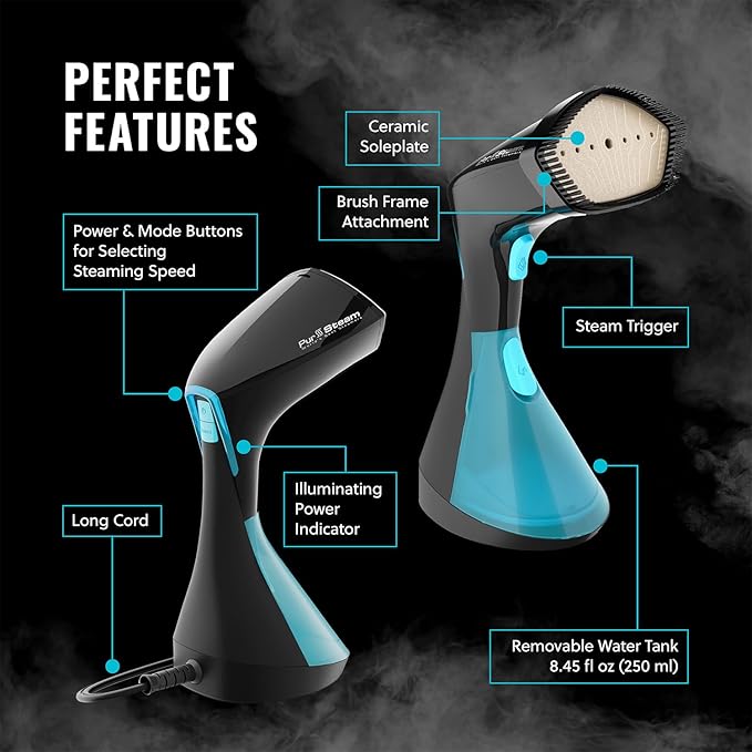 PurSteam Handheld Garment Steamer for Clothes – Powerful Wrinkle Remover with 3 Steam Settings Large Removable Water Tank and Fast Heat-Up – Portable Fabric Steamer for Home &amp Travel