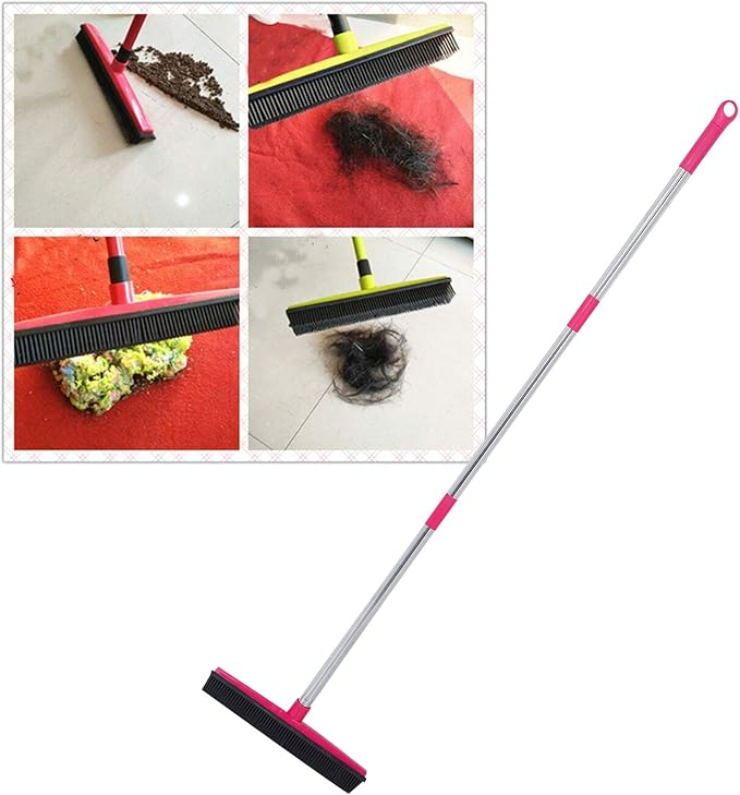 Carpet Hair Removal Broom with 48'' Telescoping Adjustable Handle Rubber Broom Carpet Rake for Pet Hair Dust Removal Daily Household Cleaning(Pink)