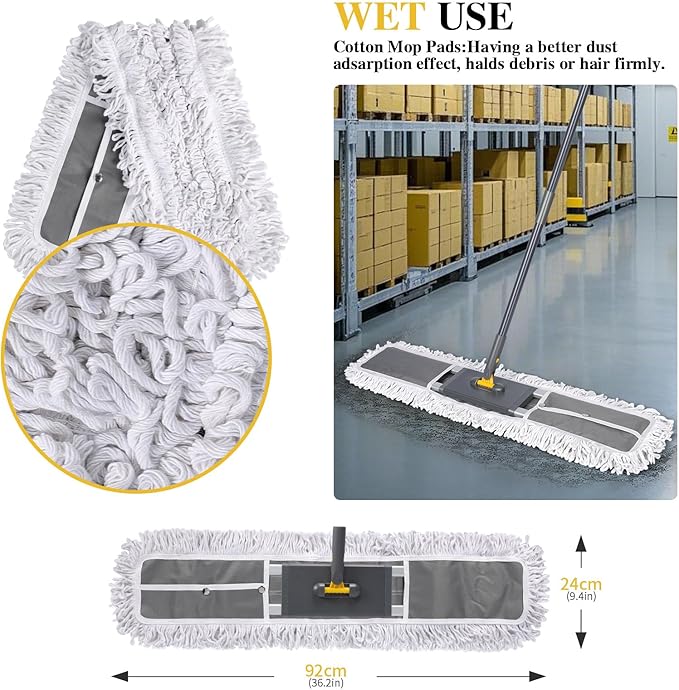 Masthome 36 Commercial Mop Heavy Duty Industrial Floor Mop with 3 Microfiber Pads 60 Adjustable Large Dust MopWet Dry Flat Mops for Office Garage Warehouse Factory Mall