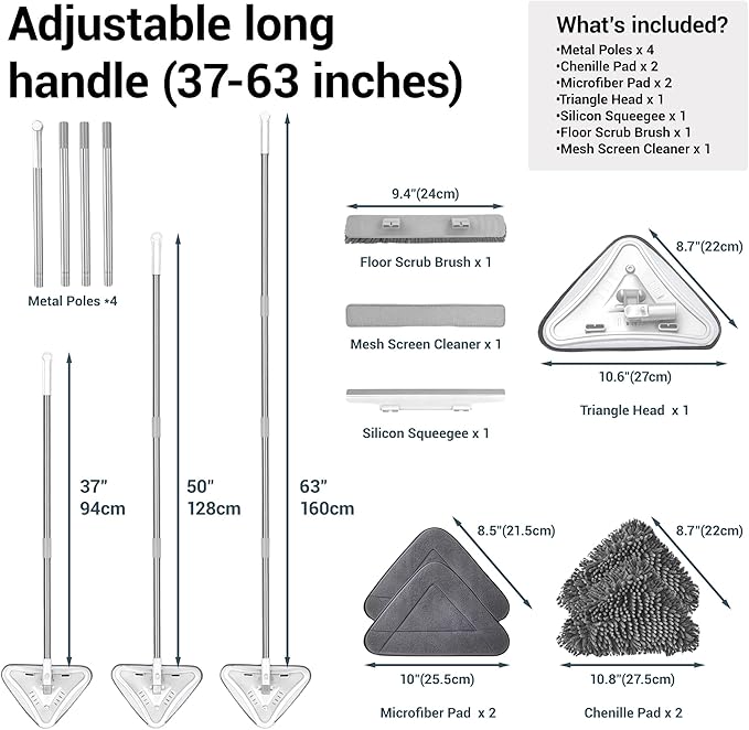7-in-1 Triangle Mop Set with 7 Replaceable Heads and Adjustable Long Handle for Walls Floors Windows Baseboards (White)