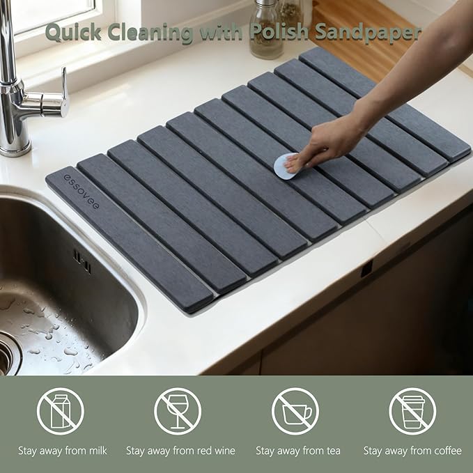 Large Stone Dish Drying Mat for Kitchen Counter 24×16 – Quick Drying Diatomaceous Earth Super Non-Slip Absorbent Birthday Gfts for Women Mom Grandma (2PCS Dark Gray 24 x 16&amp 8 x4 )