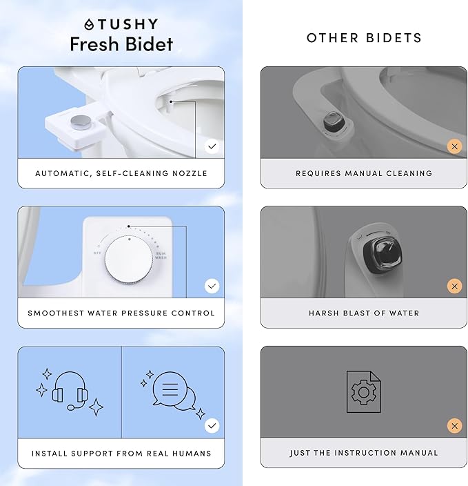 TUSHY Fresh Cool Water Bidet: Ultra Slim Toilet Seat Attachment (Non-Electric Self-Cleaning Hygienic Nozzle) Easy DIY Install &lt10 Min | Adjustable Water Pressure Control Silver Knob