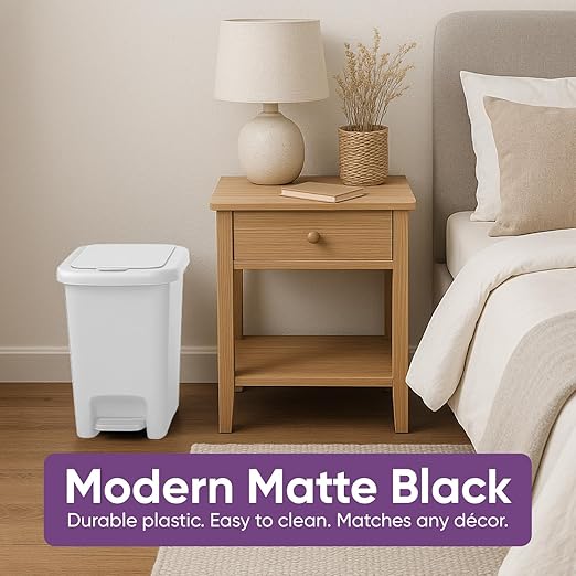 Superio 6.5L 10L and 48L Slim Step &amp Push Trash Cans - 3 Pack Dual Opening Smooth Matte Finish Durable Plastic - White
