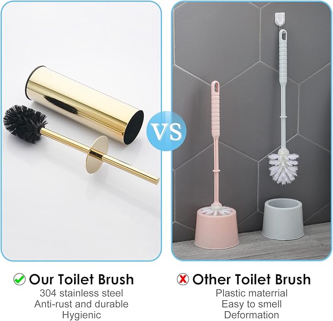 Toilet Brush and Holder Set Gold Stainless Steel 304 Heavy Duty Round Toilet Brush Set – Rust Resistant Long Handle Replacement Heads Floor Standing Bathroom Toilet Cleaning Brush