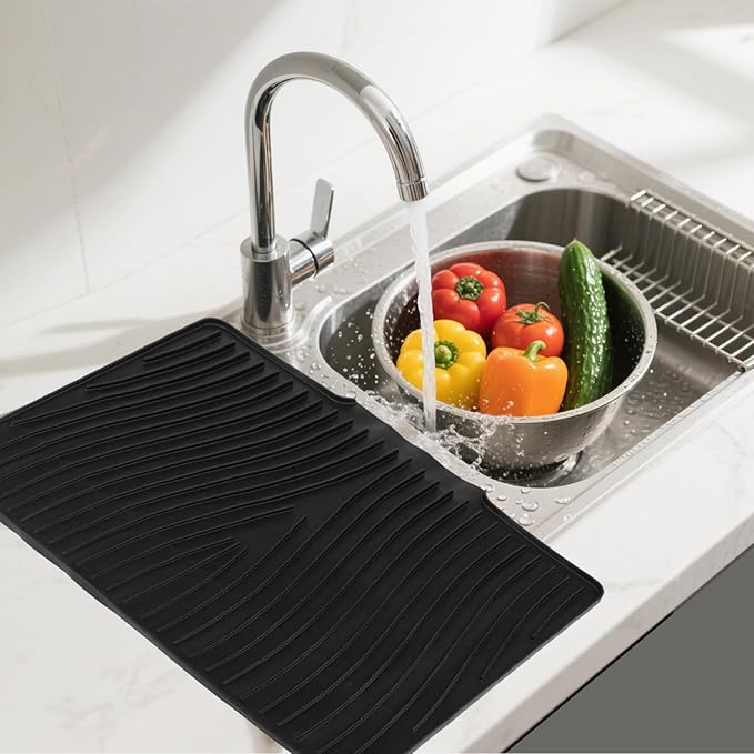 2 Pcs Extra Large Silicone Dish Drying Mat with Drain Lip 23.6 x 19 Inch Dish Drainer Liner Rubber Counter Drying Pad for Kitchen Sink Drawer (Black)
