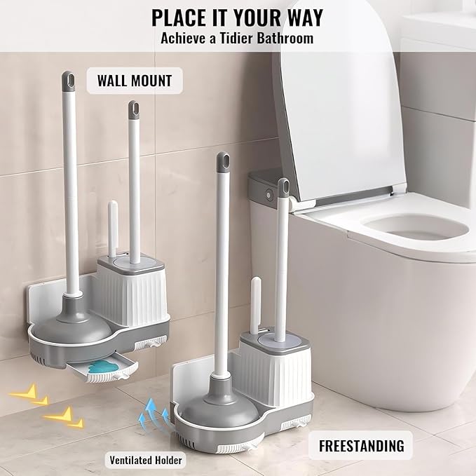3-in-1 Toilet Brush and Plunger Set with Hidden Holder Vented Stand &amp Drip Tray Hangable or Freestanding 360° Deep-Clean Brush Head + Gap Brush Shatter-Resistant Handles（White）