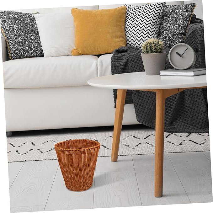Imitation Rattan Woven Trash Can with Lid Lightweight Rustic Storage Basket for Living Room Bedroom Office and Portable Wastebasket for Sundries Organization