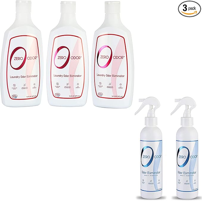 Zero Odor Multi-Purpose Household Odor Eliminator Trigger Spray 8oz Two Pack - Laundry Odor Eliminator and Deodorizer 16 Ounces(3-Pack)