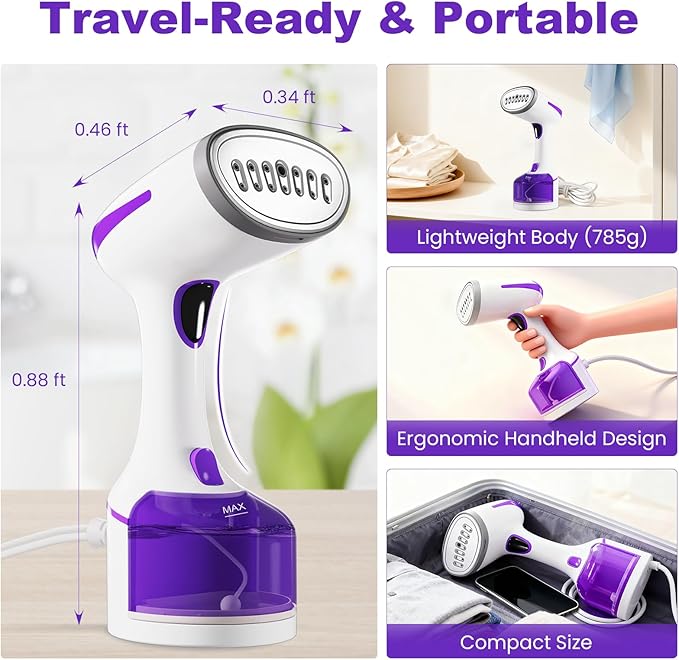 DBC Steamer for Clothes 1500W 20S Fast Heat-up Portable Handheld Steamer for Clothes 2 in 1 Fabric Wrinkle Remover with Fabric Brush 250ml Water Tank Ideal for Home Office Travel Purple