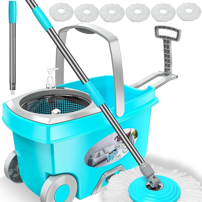 FunClean Spin Mop and BucketMop and Bucket with Wringer Set for Home360 Spinning Mopping Floor Cleaning Tool with 6 Microfiber Replacement Head Refills61 Extended Handle 2X Wheel - Blue