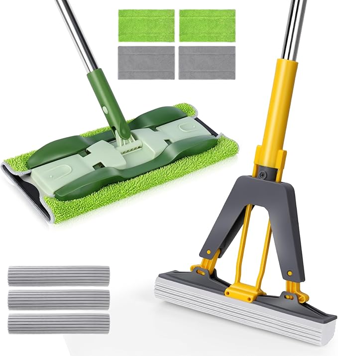 Masthome Microfiber Mops for Floor Cleaning with Washable Pads 4pcs&amp Roller Sponge Mop with 3 Absorbent PVA Mop Refills for Floor Cleaning