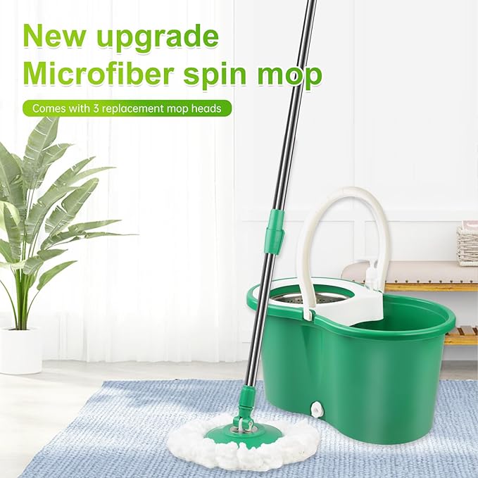 Spin Mop and Bucket with Wringer Set 360°Spin Mop &amp Bucket Floor Cleaning System Mop Bucket with Adjustable Extended Handle 3 Microfiber Replacement Head Refills Green