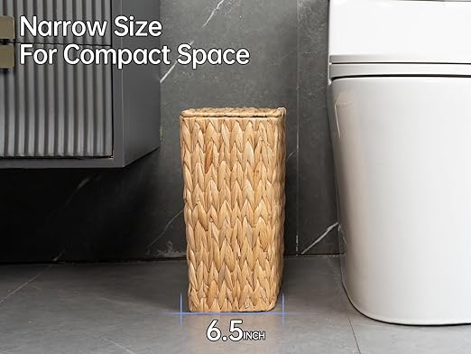 3 Gallon Wicker Trash CanSmall Bathroom Trash Can with LidNatural Water Hyacinth Wicker Waste Basket for BedroomToiletNarrow Garbage Can with Removable Liner
