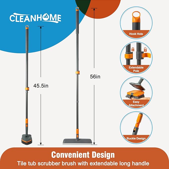 Floor Scrub Brush Tile Tub Scrubber Brush with 4 Different Cleaning Heads Shower Brush with 56” Extendable Long Handle Scrubbers for Cleaning Kitchen Bathroom Tub Tile Wall