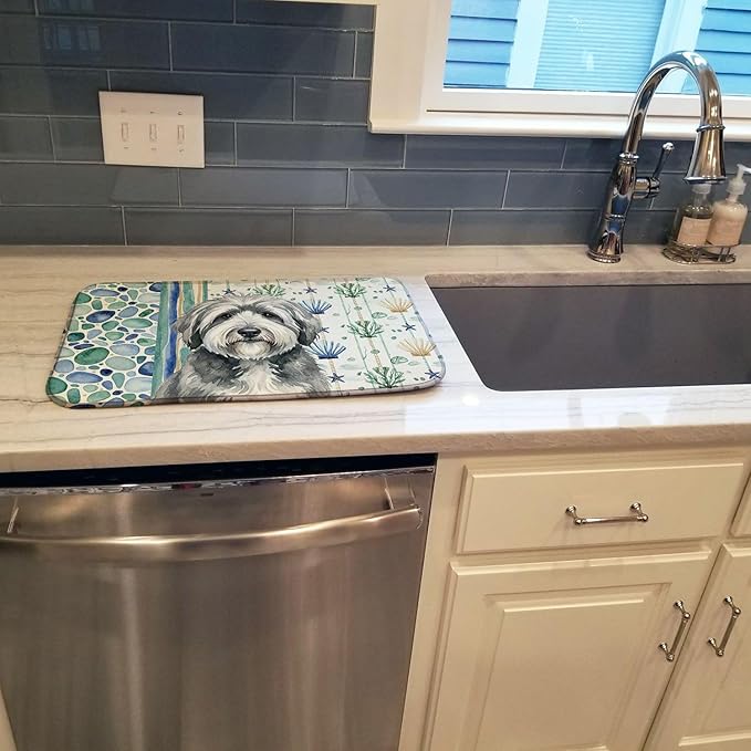 Caroline's Treasures Gray and White Old English Sheepdog Coastal Sea Glass Dish Drying Mat Absorbent Dish Drying Mat Pad for Kitchen Counter Dish Drainer Mat for Countertop 14 x 21 Multicolor
