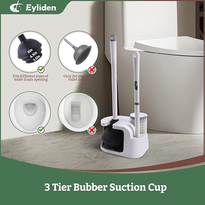 Eyliden Disposable Toilet Brush and Plunger Combo | 2-in-1 Toilet Bowl Wand Kit - 10 Count Pre-Soaked Refill Heads 3-Step Plunger Storage Holder - Compact Toilet Cleaning System (White)