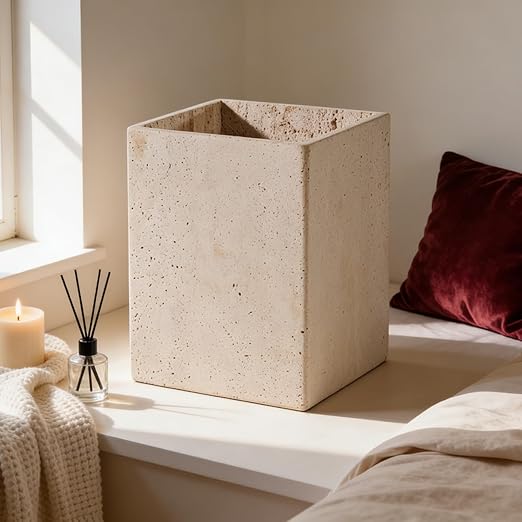 Modern Square Travertine Waste Basket Natural Stone Bathroom Trash Can Decorative Home Garbage Container Beautiful Travertine Look Rubbish Bin for Bathroom Bedroom Kitchen Home Office