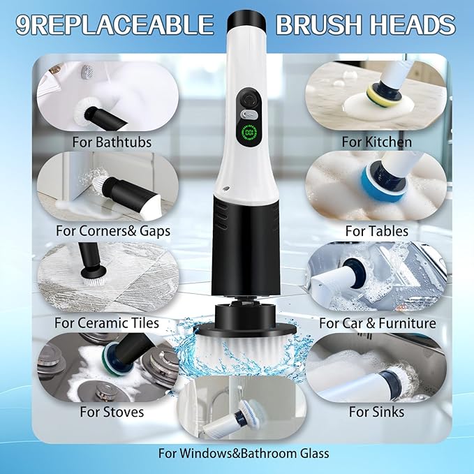 Spin Scrubber9-In-1Multifunctional Cleaning Brush with Detachable Handle9 Replaceable Brush Heads&ampLCD DisplayRechargeable Electric Spin Scrubber for BedroomBathroomKitchenCar